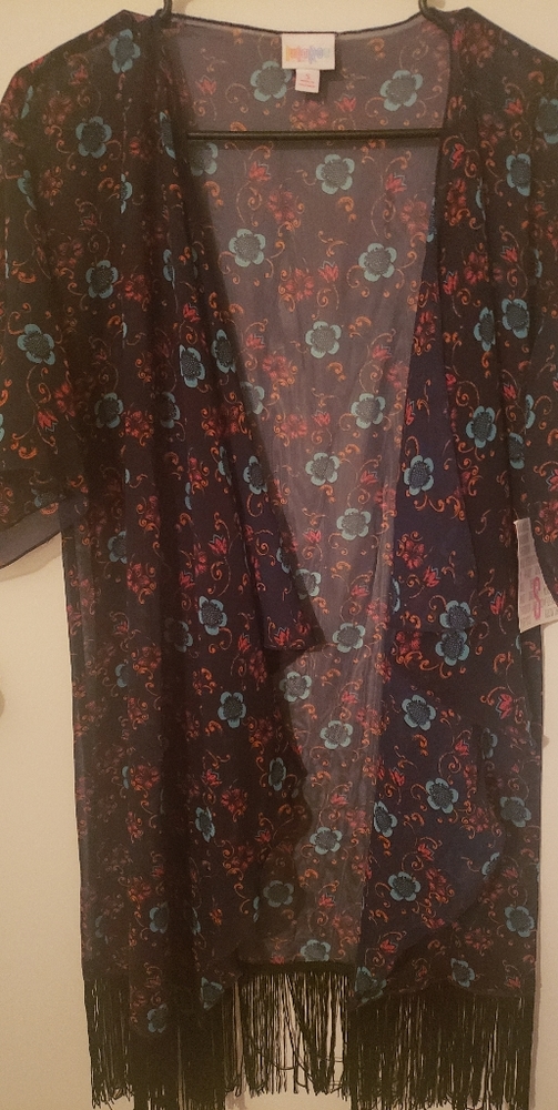 Lularoe Lindsay Sheer Floral Print Kimono With Fringe Bottom Size Small NWT